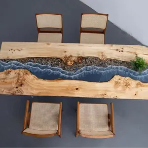 Mesa de resina epoxi y madera de álamo blanco sólido Mesa retro nórdica Mesa de madera epoxi personalizada