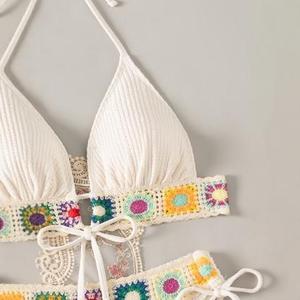 Summer Beach Women's Resort Floral Pattern Ribbon Patchwork Halter Neck Sexy <b>Bikini</b> <b>Set</b> - Product Image 4