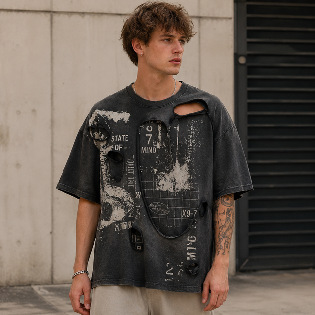 Wholesale Streetwear Custom t Shirt Men 100% Cotton Tshirts Distressed Cutout Text Print Oversized Vintage Black t Shirt