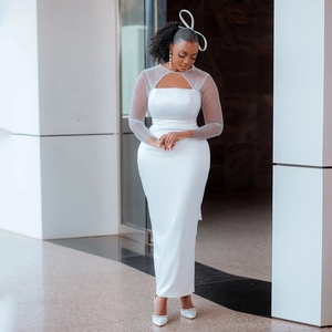 Robes de mariée en satin Aso Ebi <span class=keywords><strong>pour</strong></span> femmes, col rond, perles, nœud, manches longues, sirène/trompette, robes de soirée, robes de mariée personnalisées - Product Image 1