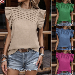 Women's Ruffled Sleeve Pleated <b>Top</b> Pullover Short-sleeved Shirt Fashion - Product Image 2