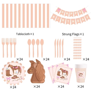 ชุดอุปกรณ์จัดงานวันเกิดเด็กผู้หญิงลายม้า DAMAI พร้อมโบว์สีน้ำตาล รูปม้า ของใช้บนโต๊ะอาหารแบบใช้แล้วทิ้ง กระดาษเช็ดปาก แก้ว จาน - Product Image 6