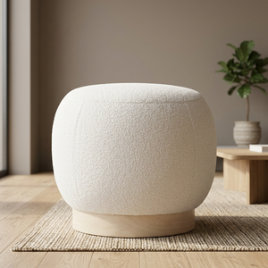 Modern Cream White Fabric <b>Portable</b> Durable Pouf Ottoman with Malaysian Oak Legs Mid for Minimalist Footstool Living Room - Product Image 1