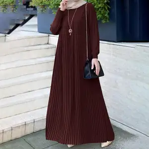 이슬람 스타일 아랍 여성의 우아한 Pleated 스커트 단색 간단한 크루 넥 긴 소매 Pleated 디자인 이슬람 Abaya