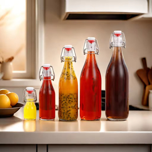 <span class=keywords><strong>Precio</strong></span> de fábrica, botella de agua de leche de jugo de bebida de vidrio redondo transparente vacía con tapa abatible - Product Image 3