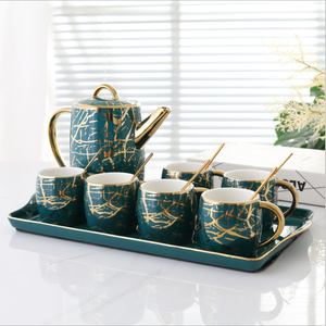 ชุดถ้วยกาแฟและจานรองเซรามิกสไตล์นอร์ดิก พร้อมถาดเซรามิก ลายหินอ่อนสีเขียวสุดหรู สำหรับดื่มกาแฟยามบ่าย - Product Image 1