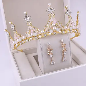 Popular Elegant Bridal Accessories Set Pearl Crystal Handmade Bridal Crown Earrings Jewelry Set For Women