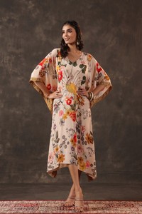 Premium Women <b>Botanical</b> <b>Print</b> Kaftan Maxi Dress Relaxed Fit Flowing Batwing Sleeve Vacation Beachwear Outfit - Product Image 5