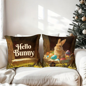 Coussins décoratifs « Hello Bunny Happy Easter » avec des lapins et des agneaux, des œufs colorés dans un décor festif de vacances - Product Image 3