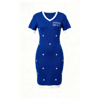 Robe pull midi moulante en tricot jacquard étoilé pour femme, grande taille, avec logo chenille personnalisé OEM, col en V, manches courtes et bordure contrastante