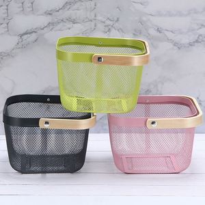 Modern Portable Rectangle Metal Wire Multifunctional Hollow <b>Storage</b> Organizer <b>Basket</b> with Wood Handle for Fruit <b>Vegetable</b> - Product Image 1