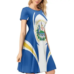 Vestido de verão com estampa de bandeira de El Salvador, vestido de manga curta com frete para festas, clubes e banquetes, saia redonda com gola redonda, produto de mão, 2023