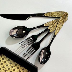 Juego de Cubiertos de Acero Inoxidable Negro y Dorado Estilo Europeo Retro Shiny Jh, Cuchillo, Tenedor y Cuchara, Acero 304, Acabado Pulido Espejo - Product Image 2