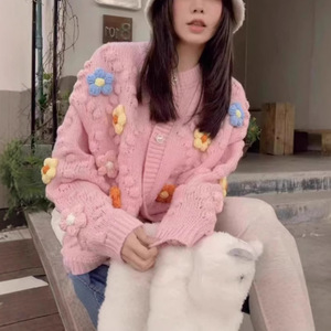 Maglione Cardigan Casual da <span class=keywords><strong>donna</strong></span> <span class=keywords><strong>a</strong></span> fiori di palla 3D lavorato <span class=keywords><strong>a</strong></span> <span class=keywords><strong>mano</strong></span> con Design ricamato carino e nuovo stile - Product Image 3