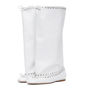 Scarpe da Slip on superiori a pieghe larghe personalizzate con fiocco anteriore e morbidi <span class=keywords><strong>stivali</strong></span> lunghi piatti da donna con la corda superiore aggrovigliata stivaletti <span class=keywords><strong>alti</strong></span> al ginocchio - Product Image 5