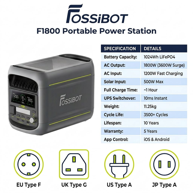 F1800 Portable Power Station 1800W 1024Wh LiFePO4 Solar Generator Pure Sine Wave UPS Emergency Power for Home RV Camping