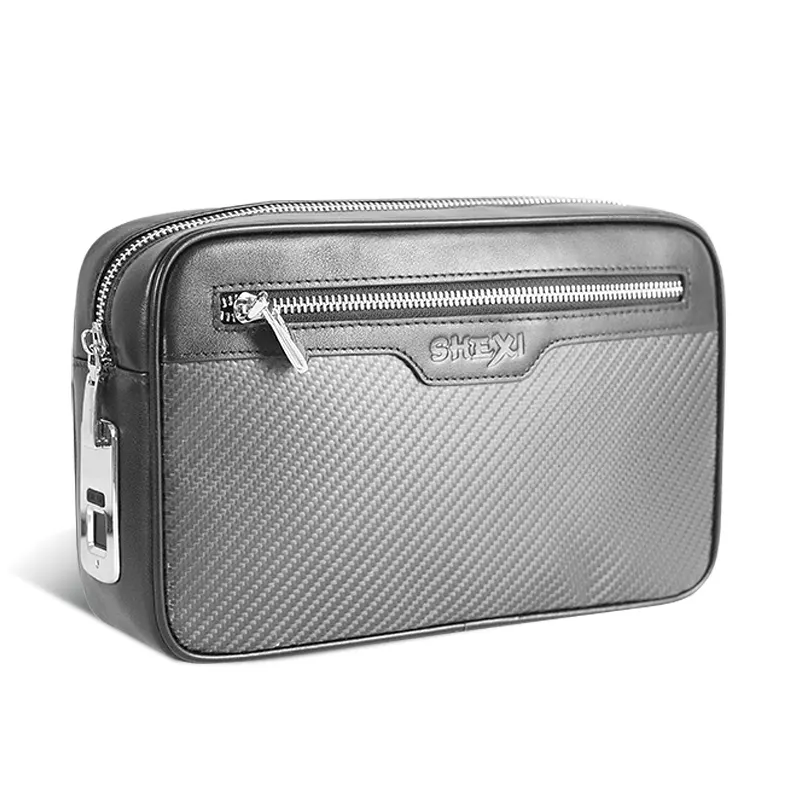 custom logo carbon fiber genuine leather clutch bag handbag with fingerprint lock for men