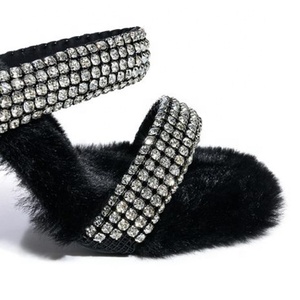 Mules à bout carré ouvert en fourrure pour femmes, talons hauts fins, chaussures brillantes ornées de diamants, sandales d'été à enfiler pour filles, grandes tailles 45 - Product Image 5