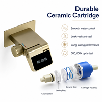 Robinet de lavabo mural en acier inoxydable brossé doré avec affichage numérique, cartouche en céramique, disponible en OEM pour la vente en gros