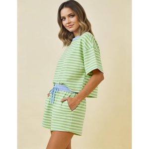 Ensemble de salon rayé 2 pièces vert clair à manches courtes, tenue décontractée d'été pour femmes, tissu tricoté respirant - Product Image 4