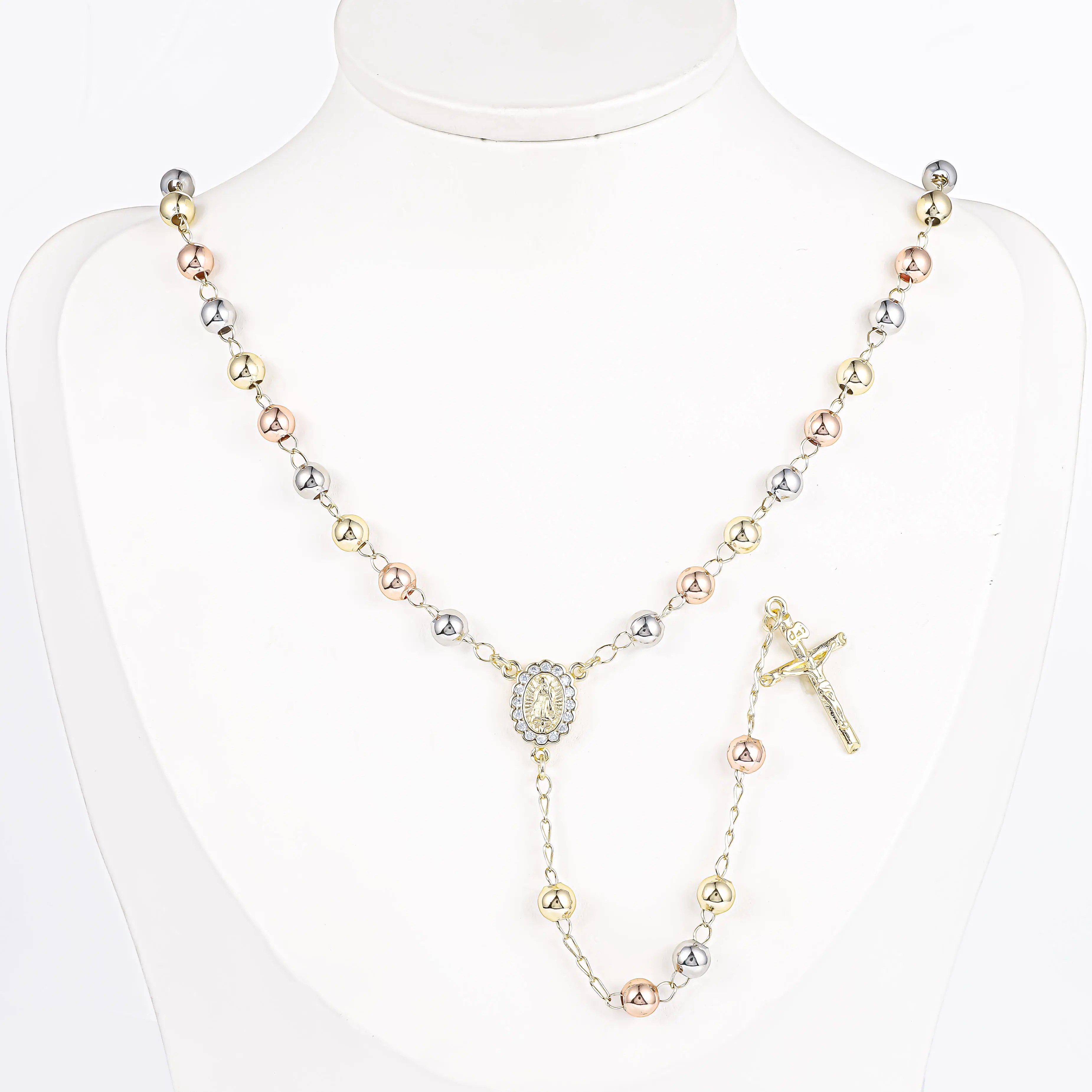 CM Jewelry 14k gold plated religious virgin Mary rosaries rosarios catolicos joyeria diamond bead tricolor christian rosary