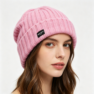 Pink Ribbed Knit Beanie-<b>Warm</b> Soft Common Travel Autumn Winter <b>Hat</b> for Unisex Custom Logo Puff Image Character Wholesale - Product Image 1