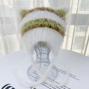 Gorro de Felpa de Visón Personalizado, Divertido Gorro de Gato, Gorro de Mohair a Rayas, Gorro de Invierno Cálido con Orejeras para Mujer - Product Image 3