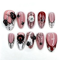 30 faux ongles gothiques d'Halloween à presser, motif araignée 3D, toile d'araignée, goutte de sang, ovales, pointes d'ongles artificielles ovales effet goutte de sang