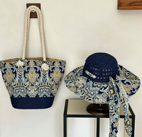 Ensemble Chapeau de Soleil Bohème en Paille Tressée avec Fermeture Éclair et Sac Fourre-tout Grande Capacité à Porter à l'Épaule ou en Bandoulière pour l'Été