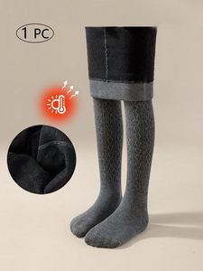 Collants pour enfants doublés polaire, chauds pour l'hiver, en tricot torsadé à motif cœur, leggings anti-boulochage - Product Image 2