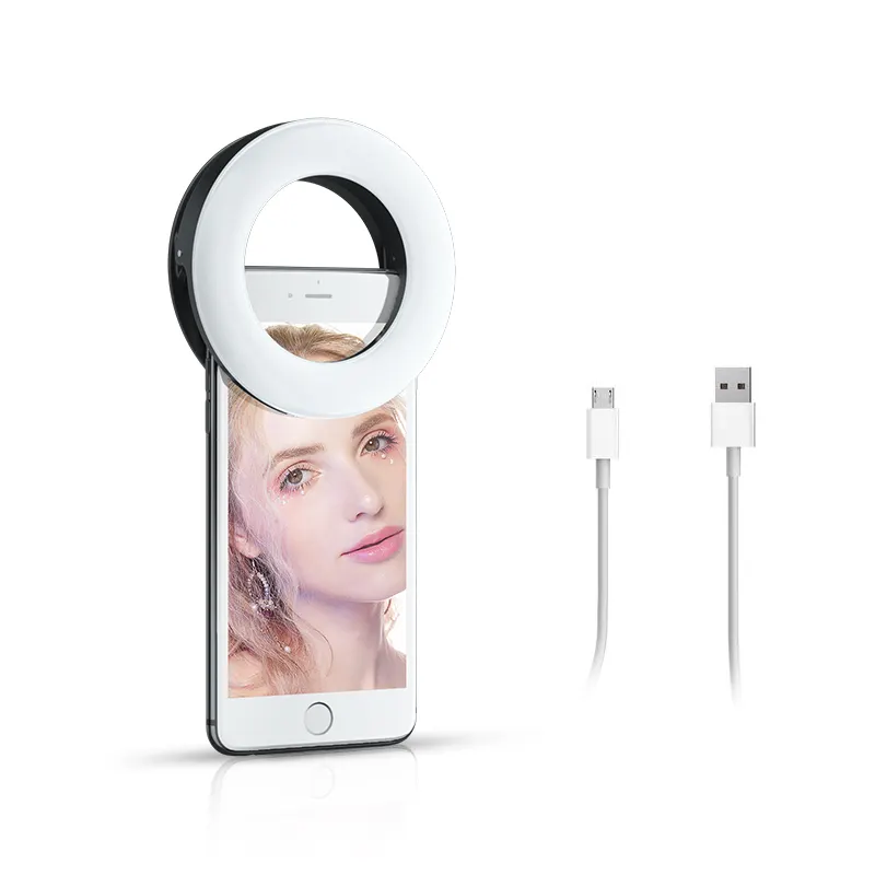 All'ingrosso portatile in plastica ABS bellezza flash specchio rotondo telefono fotocamera clip anello lampada tutti i telefoni cellulari LED selfie light