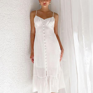 2025 महिलाओं की सेक्सी सफेद सूती लिनन हैटर ड्रेस बहुमुखी पुल-अप वी-गर्दन आधार ठोस पैटर्न दिवस समारोह यूरोपीय अमेरिका शैली - Product Image 2