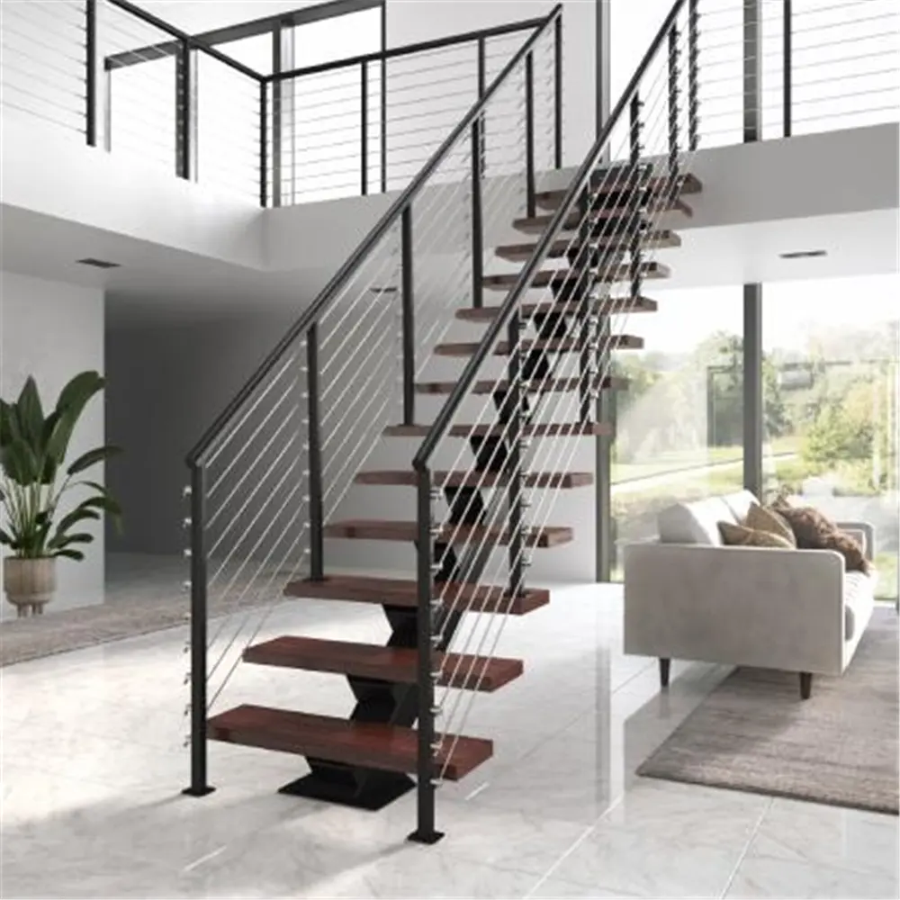 CBMmart Escada de madeira de carvalho branco maciço com trilhos de design superior em aço carbono escada única