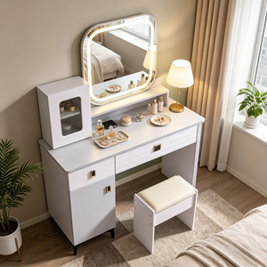 Modern Makeup Vanity <b>With</b> Lighted <b>Mirror</b> Storage <b>Drawers</b> Bedroom <b>Dressing</b> <b>Table</b> <b>With</b> Stool - Product Image 4
