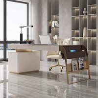 Bureau d'ordinateur moderne blanc avec plateau en marbre, structure métallique et tiroir, mobilier de bureau exécutif pour la maison