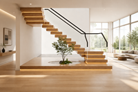 Escalier droit flottant moderne avec marches en acier inoxydable et en bois, garde-corps en verre, écologique et durable pour l'intérieur des villas