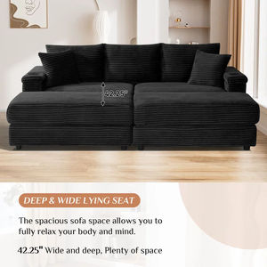 Sofá Reclinable de 2 Plazas en Corduroy Negro con Dos Reposapiés, Cojines, Portavasos y Cargador USB para Uso en el Hogar - Product Image 2