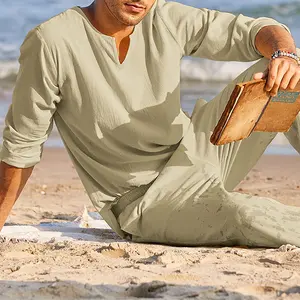 Men's 2 Pieces Cotton Linen Set Henley Shirt Long Sleeve And Casual Beach Pants Summer Yoga Outfits