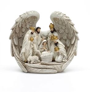 Juego de Natividad con Alas de Ángel Guardián y Sagrada Familia, Escena de Nacimiento de Resina de 11 Piezas, Decoración Religiosa para Mesa - Product Image 1