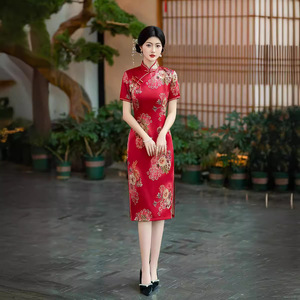 Vestido Qipao Tradicional Chino de Primavera Verano, Vestido <span class=keywords><strong>Cheongsam</strong></span> de Manga Corta para Mujeres de Mediana Edad y Mayores, Precio de Fábrica - Product Image 5