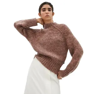 IZEshoulder-suéter liso de cuello alto con hombros caídos para mujer, Jersey de punto de cable