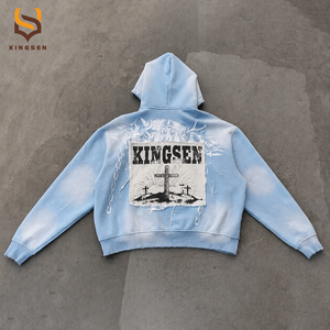 Sudadera con Capucha de Algodón Grueso Lavado al Ácido Personalizada OEM para Hombre, con Bordado y Pedrería, Estilo Urbano, Fabricante - Product Image 2