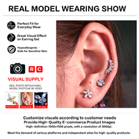 Perhiasan tindik helix, conch, dan tragus dari titanium ASTM F136 tanpa ulir, dengan setting CZ model push pin, dilapisi emas 18K dan 24K PVD.