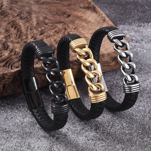 Handmade Braided <b>Leather</b> <b>Bracelet</b> for Men | PVD Gold Stainless Steel Magnetic Clasp with Chain Link Design | Men's Fashion Brace - Product Image 2