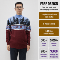 Pull de Noël pour homme FNJIA, tricot jacquard, col montant à demi-zip, bleu et rouge, manches longues, motif nordique, personnalisable, OEM, vente en gros