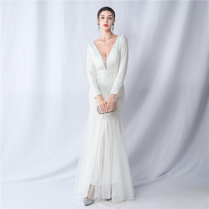 Nuovo Abito da Sera di Alta Qualità con Paillettes a Rete, <span class=keywords><strong>Maniche</strong></span> <span class=keywords><strong>Lunghe</strong></span>, Scollo a V e Silhouette a Sirena - Product Image 4