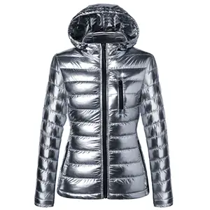2024女性のための高品質の光沢のある冬のコート環境に優しいフード付きシルバーダウンジャケット