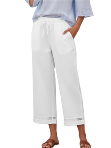 Culottes de Algodón Blancos para Mujer, Cintura Alta con Cordón, Holgados, Largura hasta la Pantorrilla, Casuales de Verano con Detalle Calado - Product Image 1