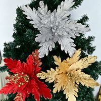 Vente en gros de fleurs de Poinsettia artificielles en paillettes rouges, dorées et argentées de 35 cm, fournitures de Noël, décoration d'arbre de Noël