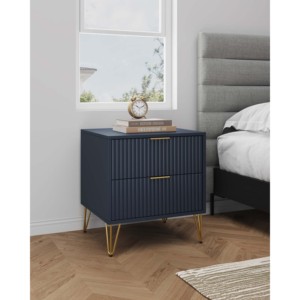 Mesita de noche en azul medianoche con patas doradas y unidad de almacenamiento con diseño acanalado - Product Image 2